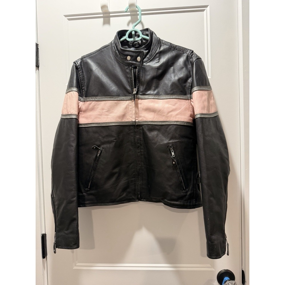 UNIK Women's Genuine Leather Biker Jacket - Black & Pink - Size L